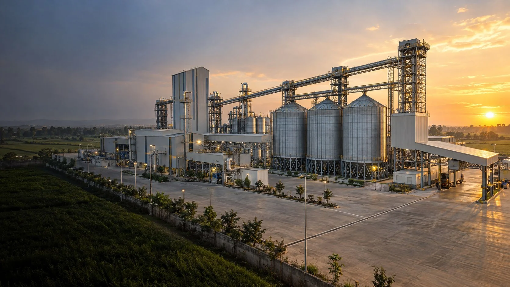 Modern agricultural processing factory with silos and conveyors