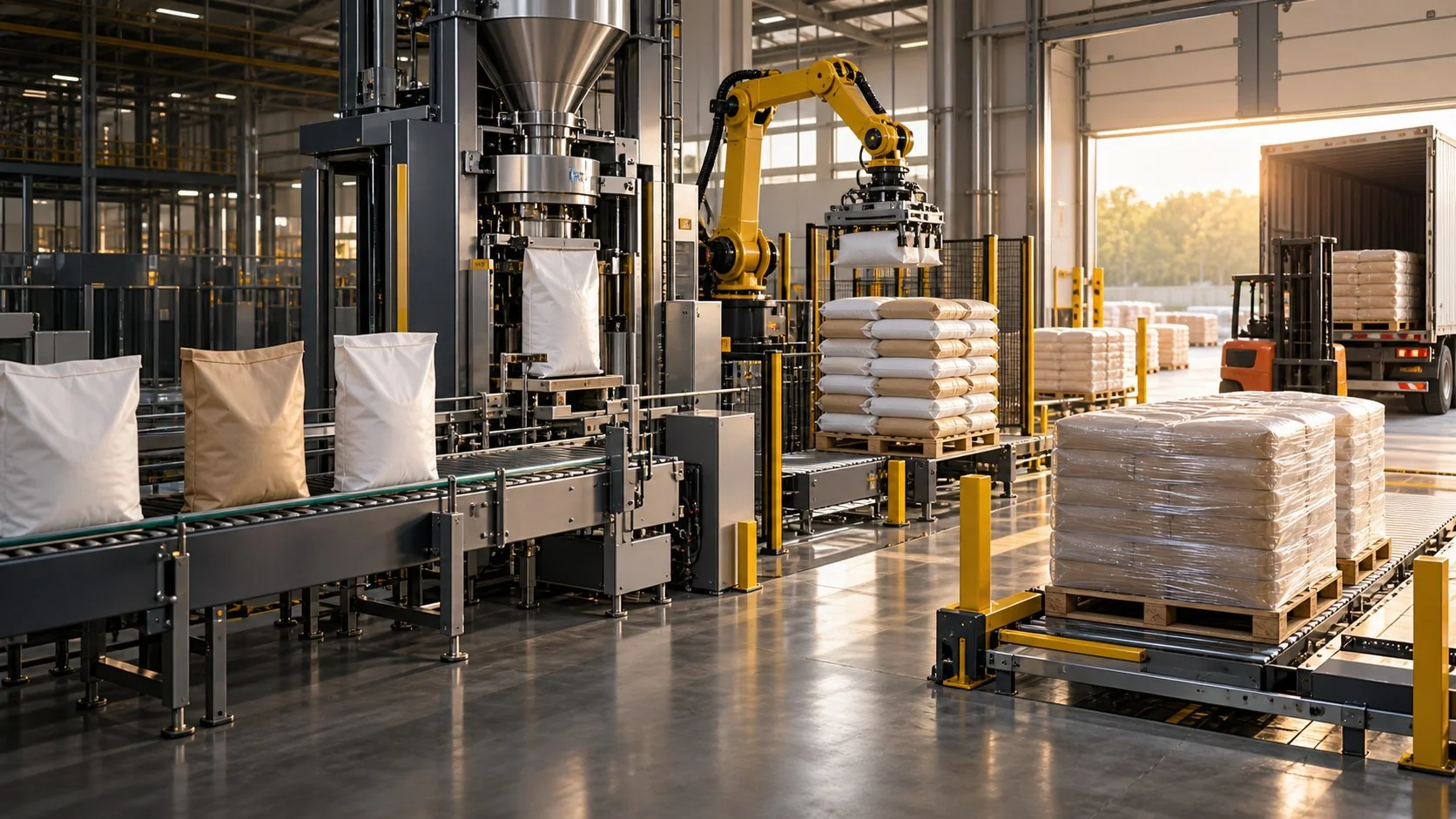 Automated packaging, palletizing and dispatch line inside the factory